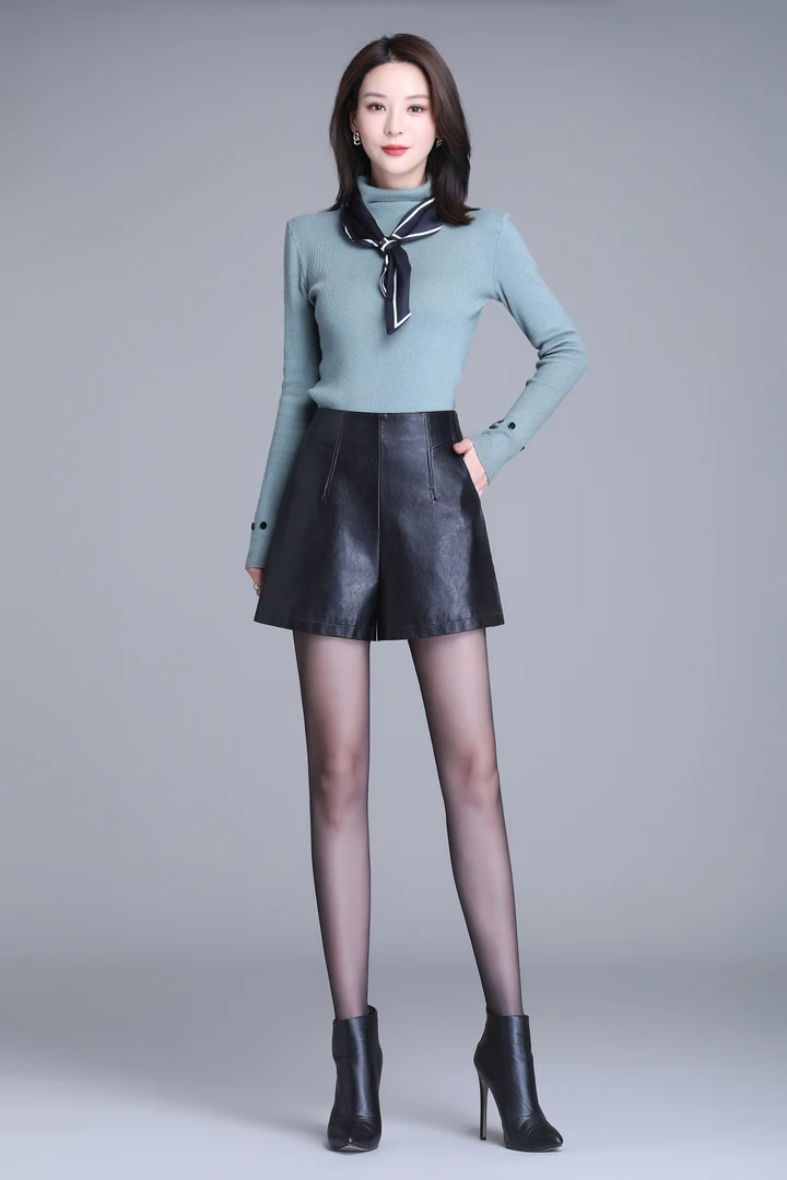 【1022】海宁真皮绵羊皮女士高腰皮短裤百搭显瘦