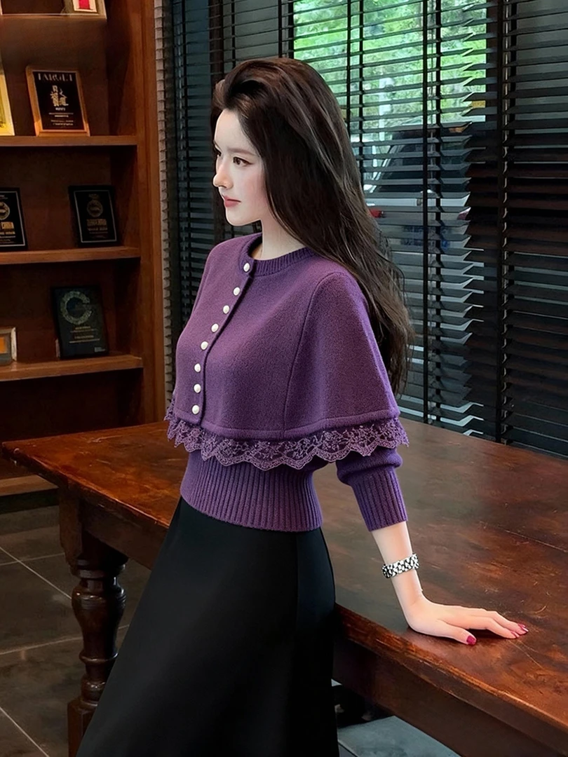 慵懒氛围感气质穿搭紫色拼接蕾丝假两件斗篷针织上衣2025秋冬新款
