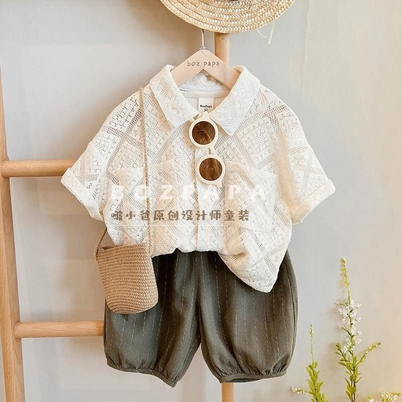 男童套装2025夏季新款中小童韩版镂空短袖衬衫宝宝时尚宽松两件套