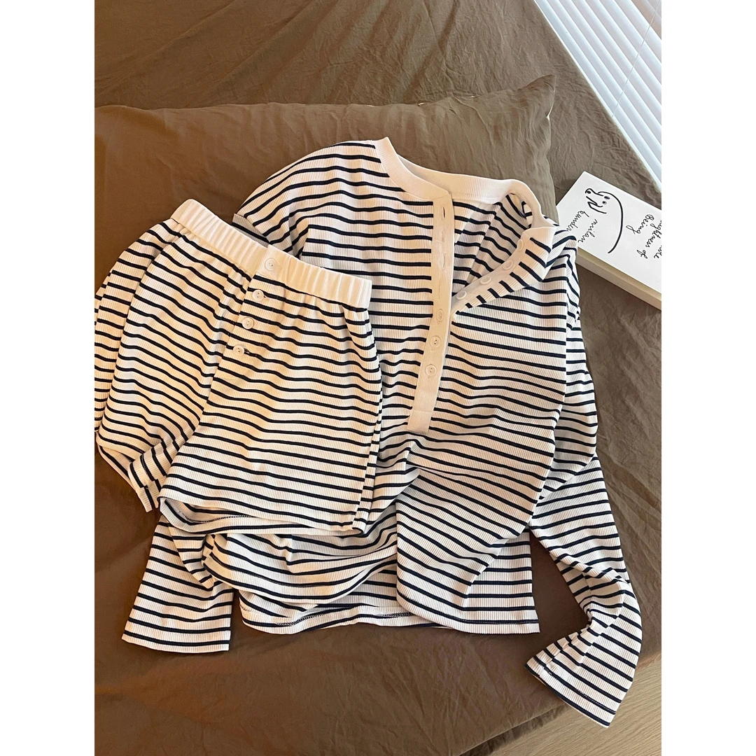 【黑白条纹】高级感辣妹长袖睡衣女春夏2025新款大码短裤套装居家服