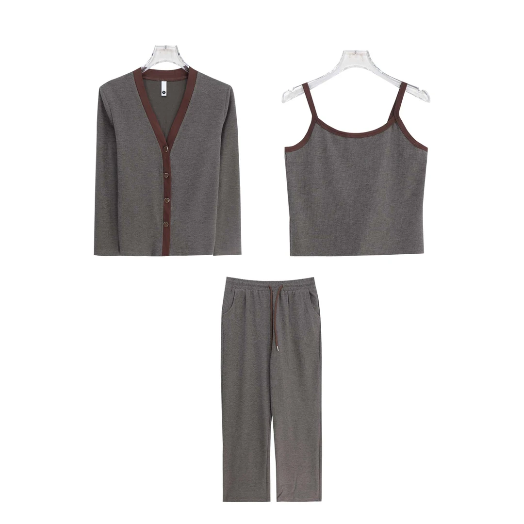 纯欲风单排扣外搭吊带垂感阔腿裤三件套S4104