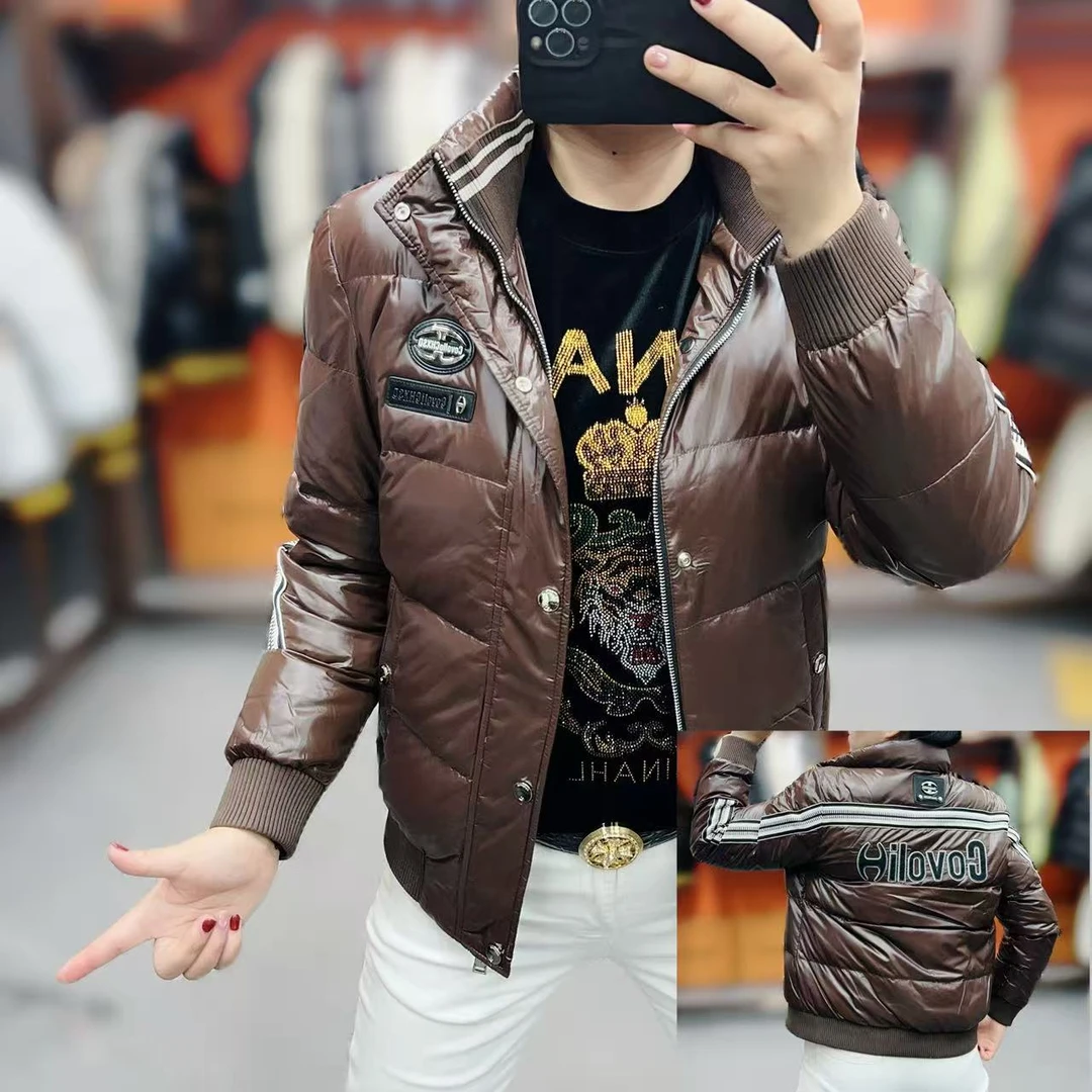 欧洲站冬季新款时尚潮流男士立领字母修身保暖羽绒服