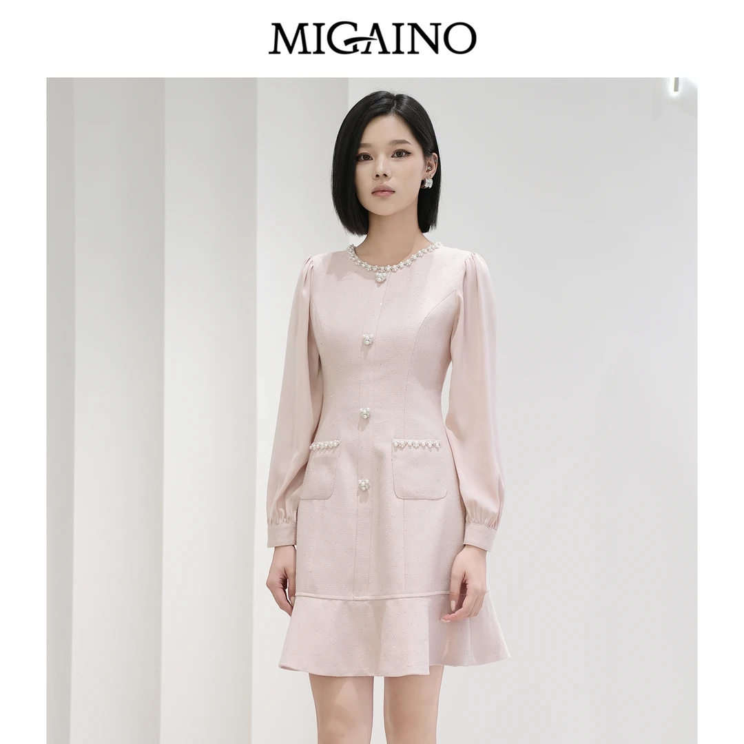 Migaino/曼娅奴秋冬新款粉色优雅名媛轻奢荷叶边小香风连衣裙