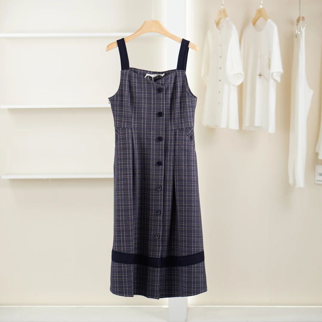 麦迪尚品【unbl】50905143 夏季简约复古格纹背带裙品牌女装