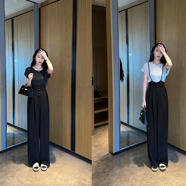 满天星时尚百搭气质T恤+显瘦直筒长裤黑色背带裤套装