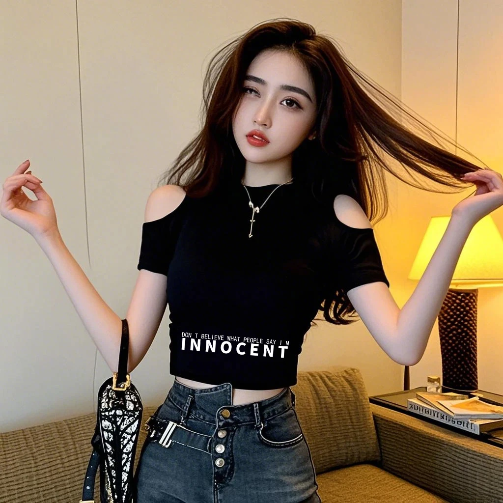 黑色字母女夏季2025新款立领露肩短款上衣修身设计感小众体恤女装