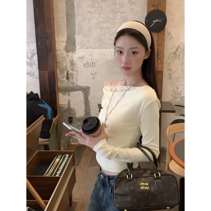 杏色蕾丝荡领假两件长袖t恤女秋冬季修身显瘦辣妹一字肩打底上衣