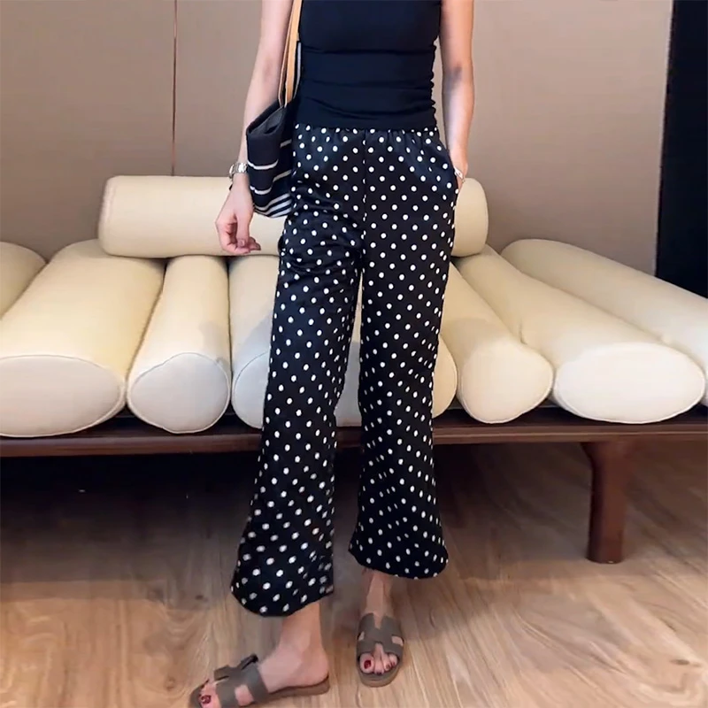 波点九分休闲裤女夏季新款宽松显瘦薄款高腰垂感冰感微喇裤子