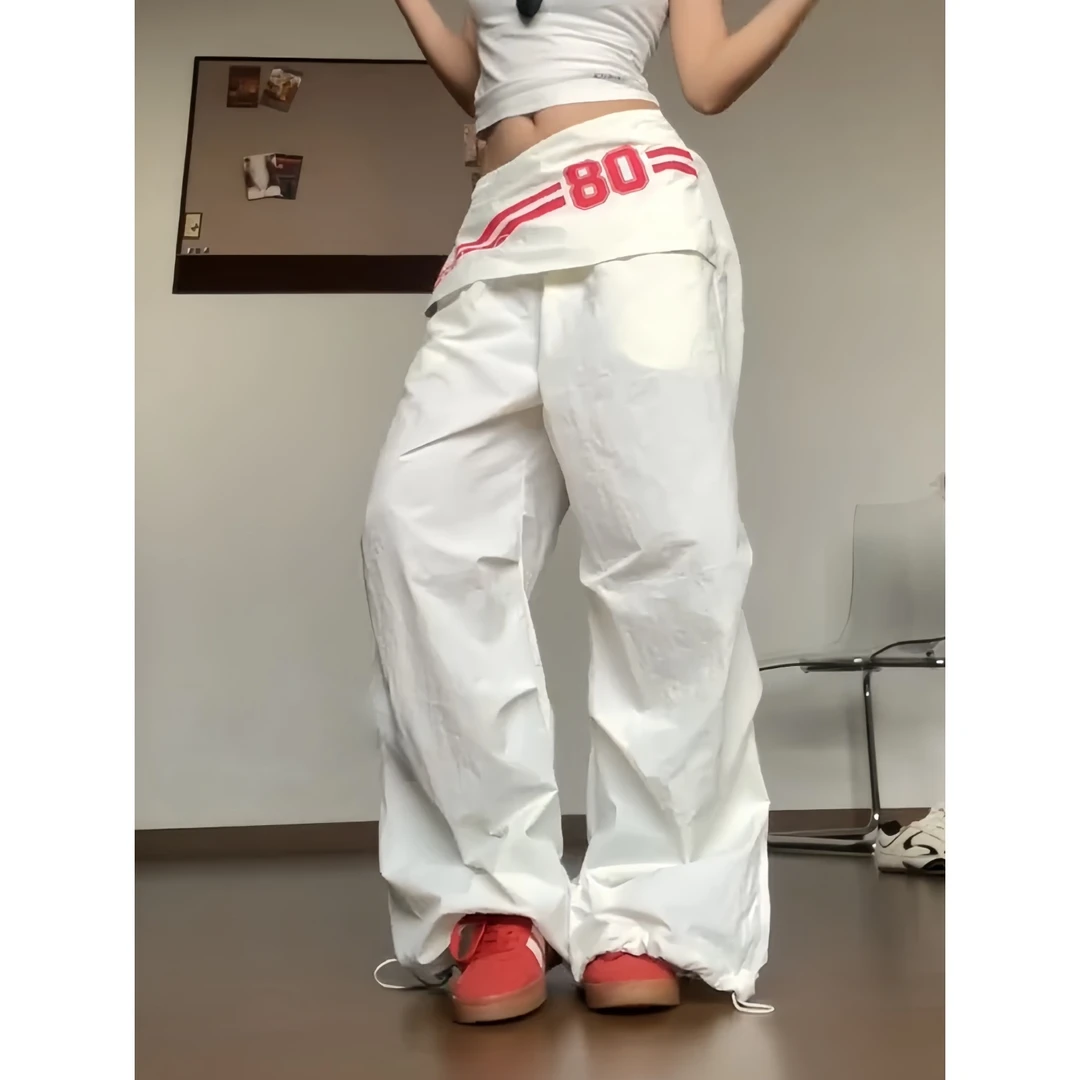 美式复古辣妹白色屁帘休闲裤女爵士跳舞穿搭宽松显瘦褶皱阔腿裤子