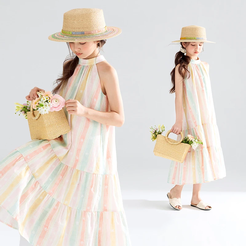 MUCMUKN木可童装花朵彩条度假沙滩挂脖连衣裙甜美女童夏M52XQ3856