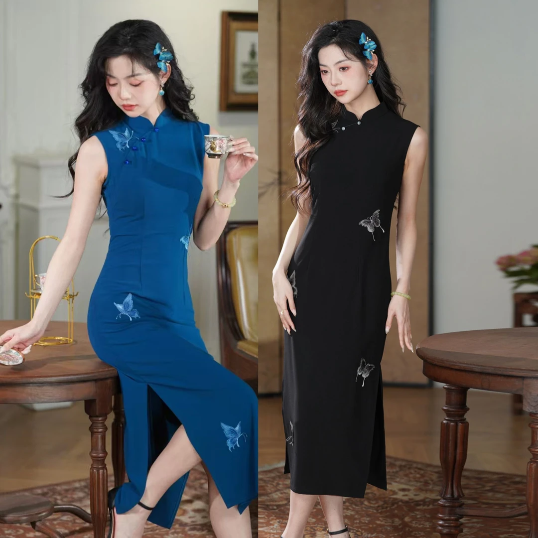 【看蝶】2025春夏年轻少女单层无袖复古中式旗袍气质黑色日常连衣裙