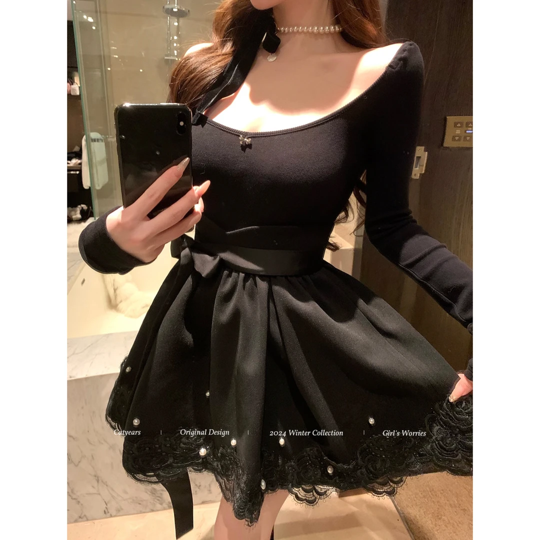 Catyears猫年【月下星河】蕾丝假两件针织连衣裙修身显瘦气质芭蕾裙