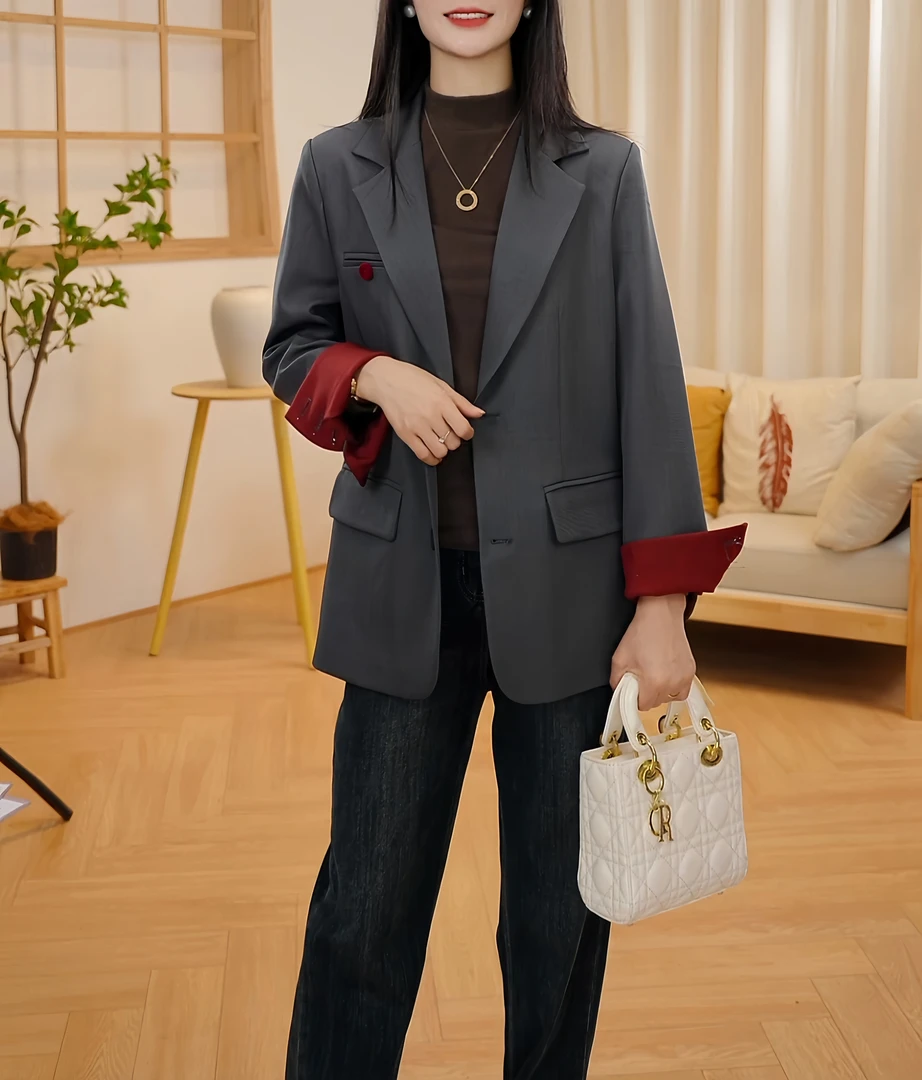 2025秋季新款高级感撞色西装外套女士春秋新款时尚宽松上衣洋气