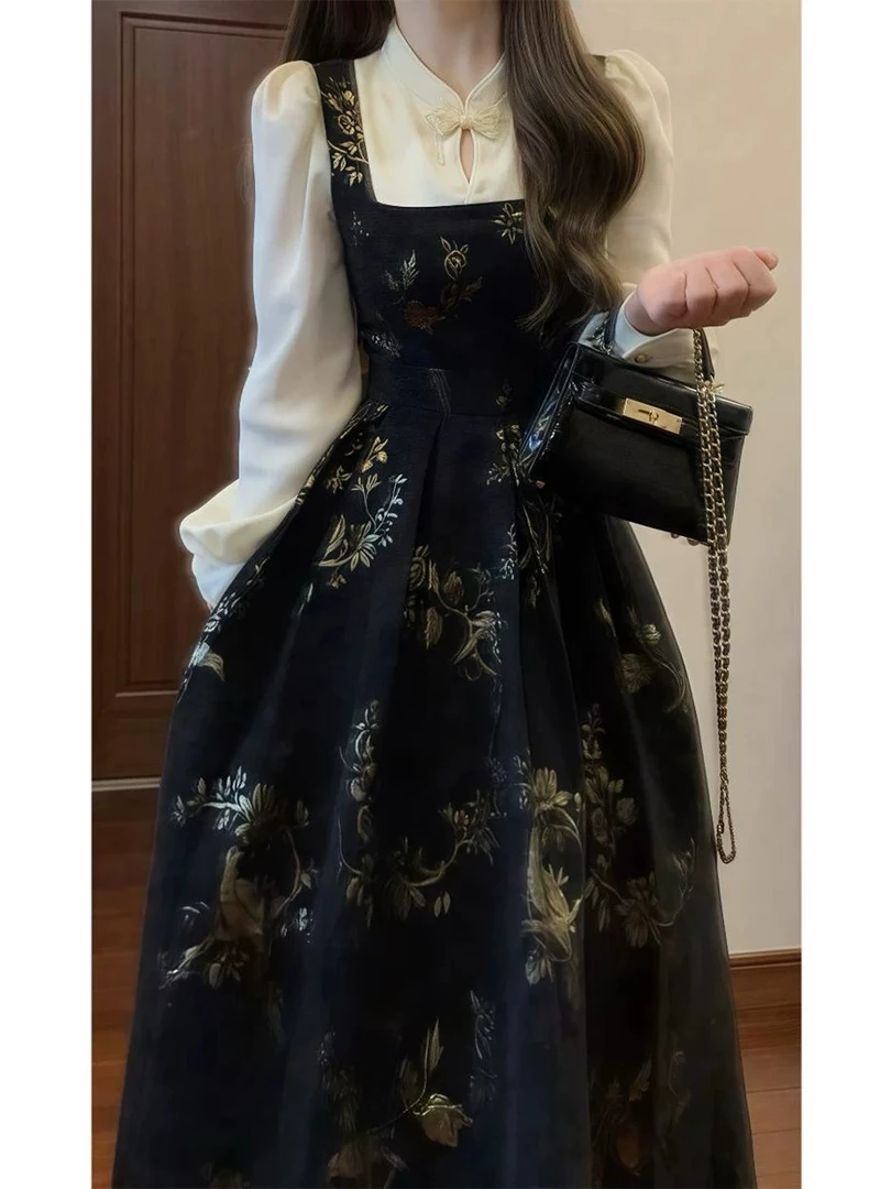 新中式国风黑色假两件连衣裙子女2024新款高级感气质收腰长裙8383