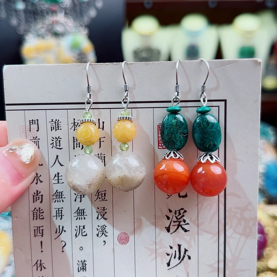 玛瑙银S925镶嵌挂件耳环