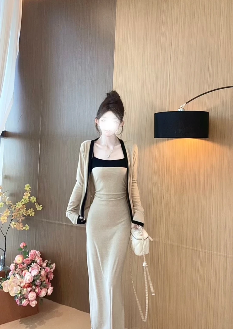 秋款撞色吊带内搭长裙长袖开衫套装（无胸垫）