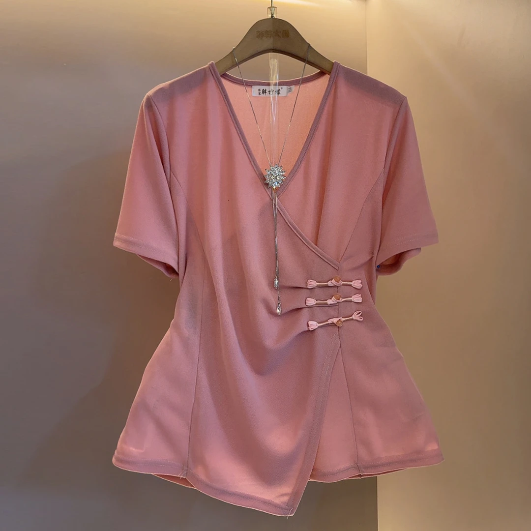 V领常规款通勤常规纽扣短袖T恤夏装气质百搭套装设计感收腰