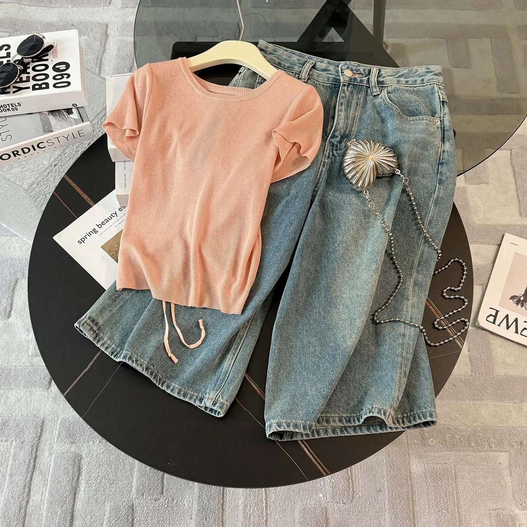 韩版ins修身型高腰短款短袖通勤洋气牛仔套装运动百搭薄款两件套