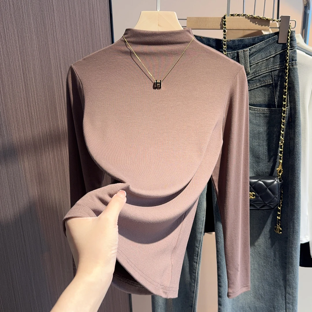 半高领双面绒长袖打底衫女秋冬季内搭高级感宽松磨毛t恤气质上衣