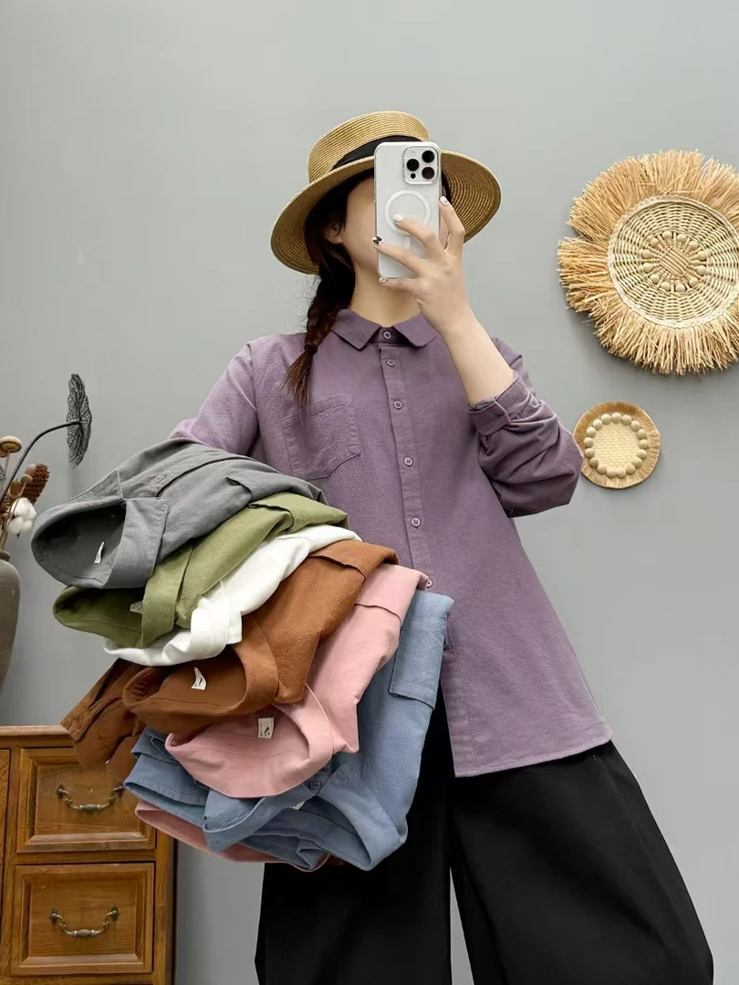 复古港风磨毛衬衫女2025年春季长袖时尚宽松百搭打底加厚衬衣8832