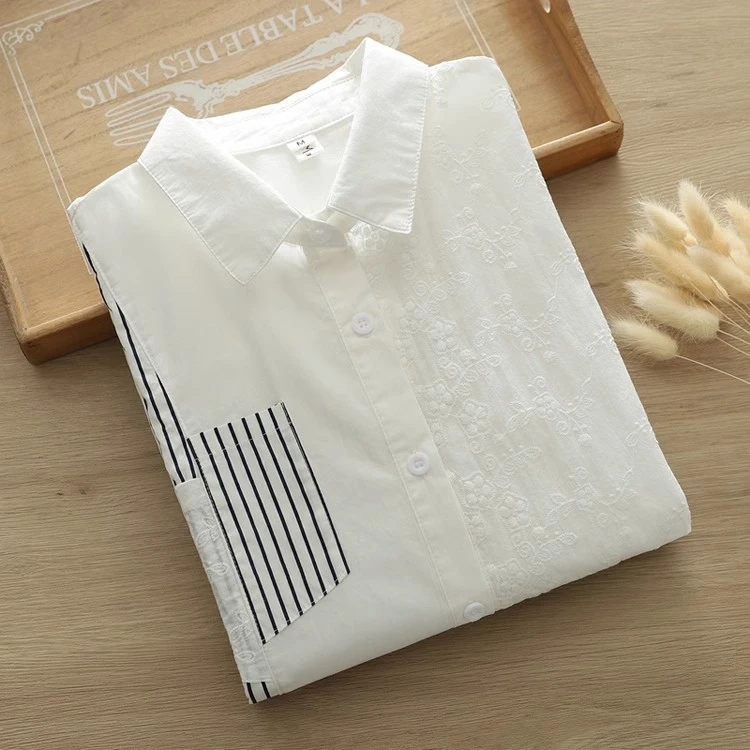 0012蓝色条纹蕾丝拼接白衬衫女年文艺范宽松休闲长袖衬衣别致上衣