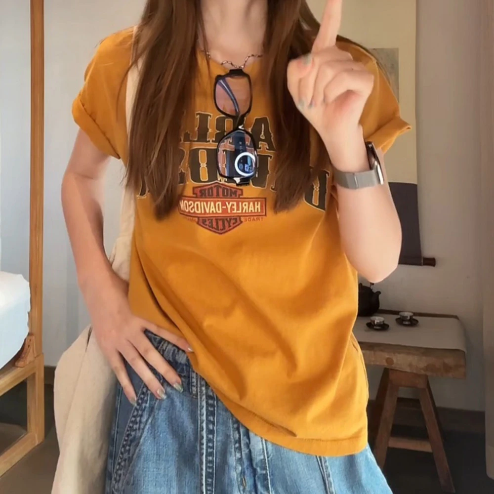 “美式暴击”棉中古复刻炒色美式橙黄短袖T恤C5787