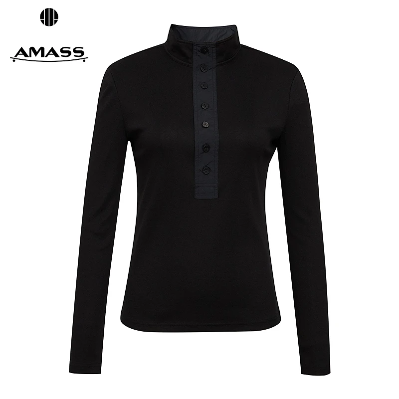 阿玛施AMASS 新款纯色立领领口门襟拼接面料修身长袖衬衫530067