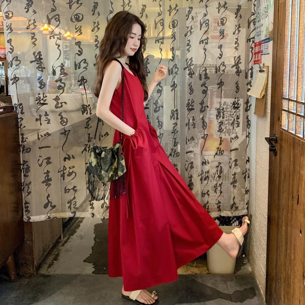 法式复古浪漫度假红色背心裙女夏宽松慵懒风抽绳大口袋无袖连衣裙