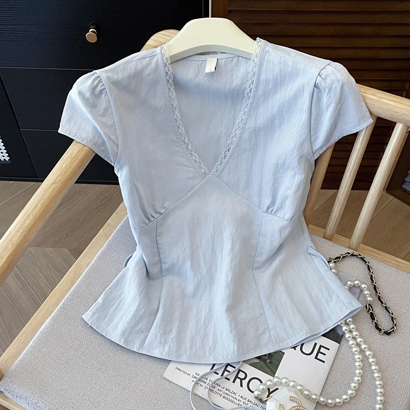 夏季甜美小飞袖小衫短款小衫衣韩系ins温柔仙女花边V领衬衫女2025