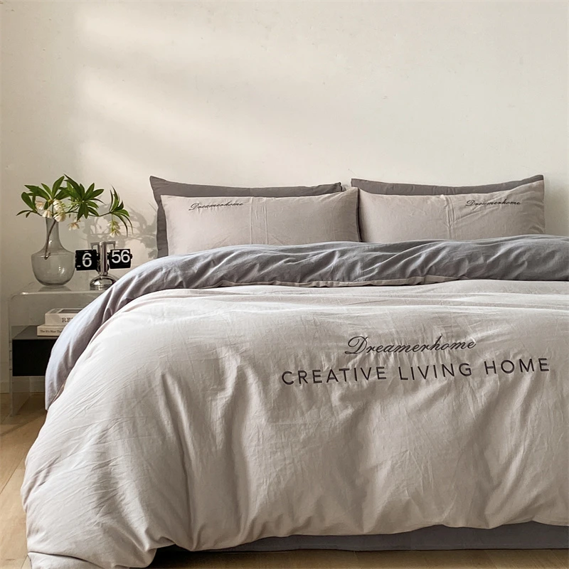 高级轻奢刺绣100%纯棉四件套亲肤舒适全棉纯色双拼床单被罩床品