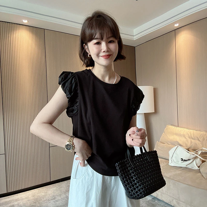 咔呐咪~夏季新款别致独特飞飞袖设计感压皱圆领T恤