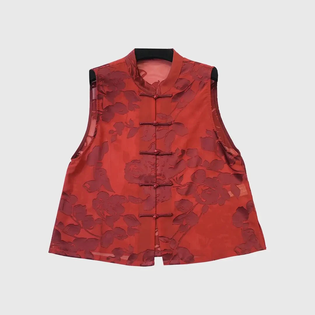 HR红石榴-新中式红色国风夏季新款烧花坎肩盘扣洋气马甲