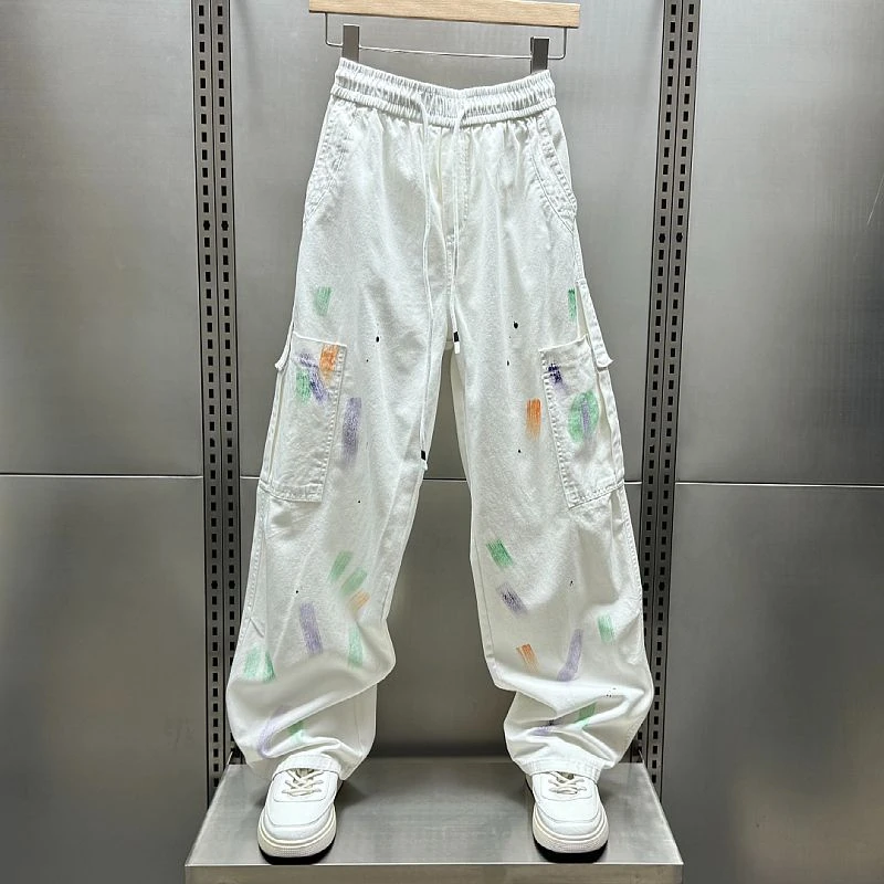 美式潮流直筒油漆个性休闲裤高街泼墨男士夏季薄款百搭痞帅休闲裤