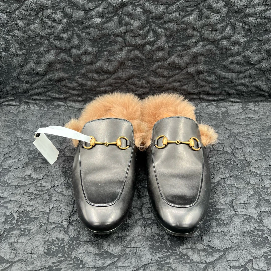95新 GUCCI/古驰 黑色金属logo毛毛穆勒半拖 45码/98新/无配件