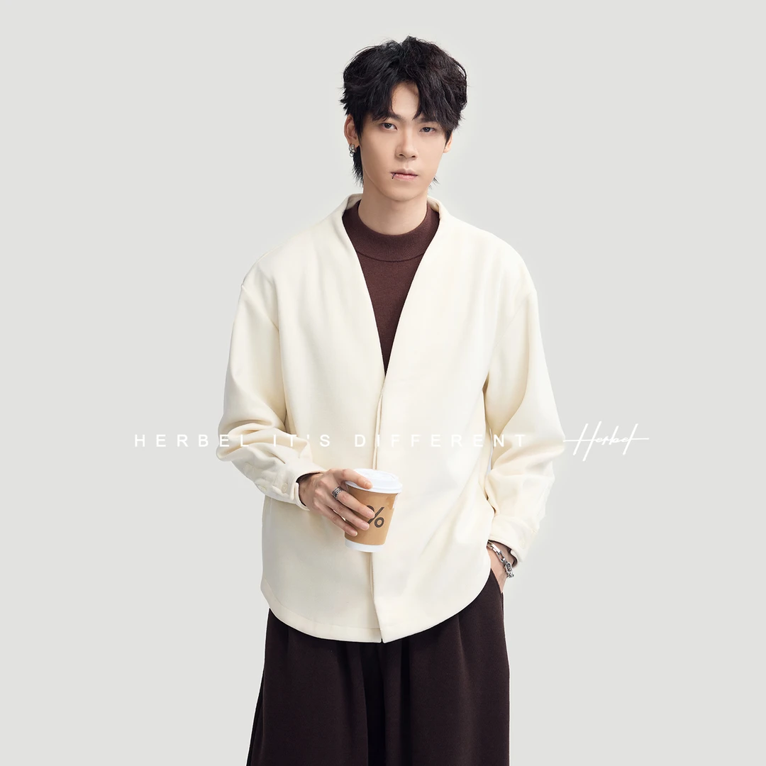 HERBEL/黑白长袖衬衫男款2025年秋冬新款高级感纯黑白V领