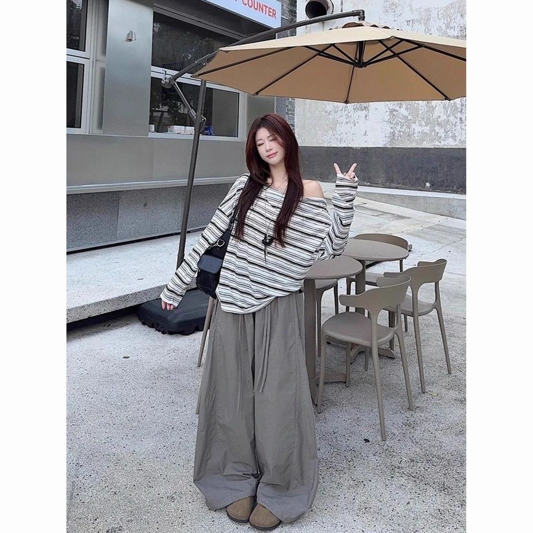 大码女装韩系ins斜肩露肩条纹长袖慵懒T恤宽松抽绳阔腿裤两件套