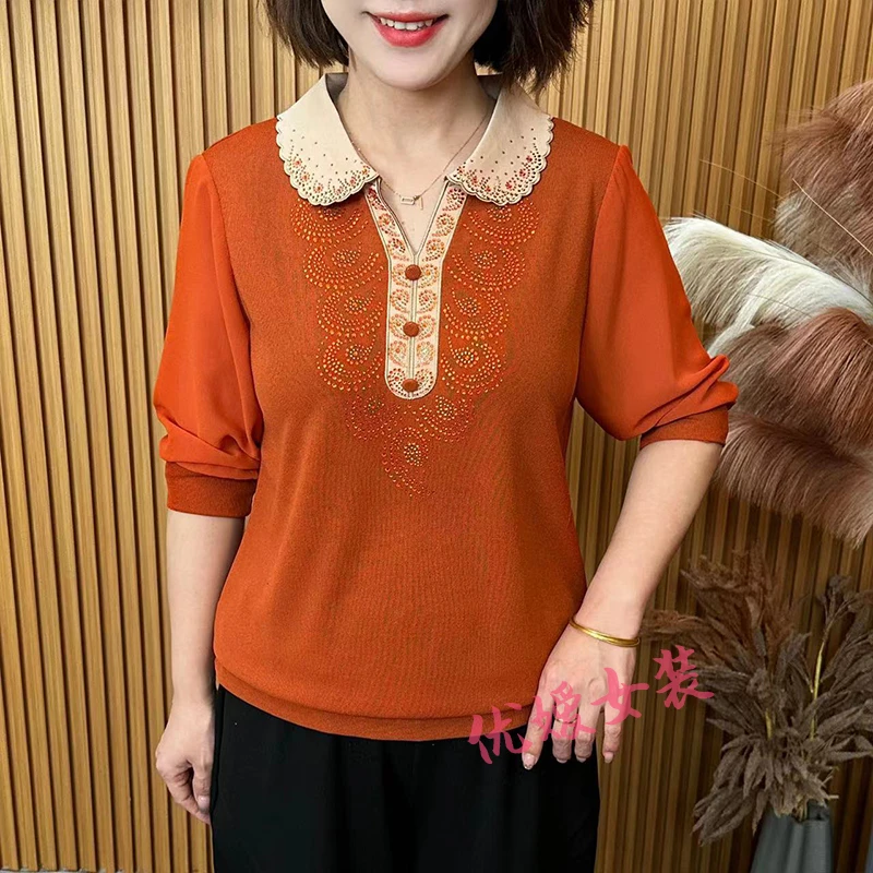 2025春季时尚新款撞色翻领烫钻百搭显瘦洋气妈妈装长袖上衣 A809