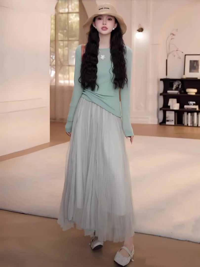 网红爆款时尚套装女春夏纯色罩衫防晒长袖T恤网纱长裙休闲两件套