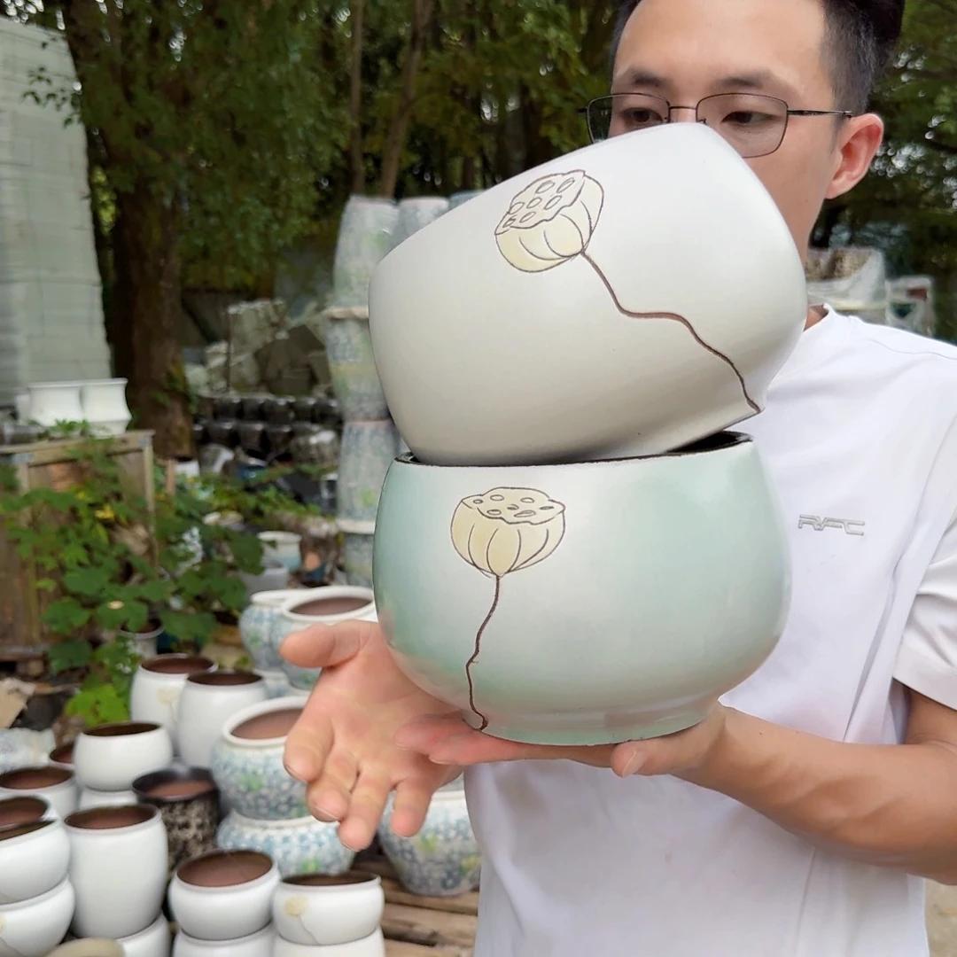 紫砂花盆莲子刻绘拼两个口19高15