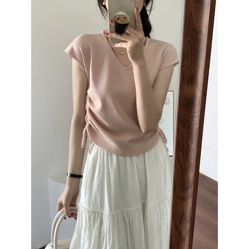 好穿易搭配~冰丝V领短款小飞袖抽绳短袖T恤衫