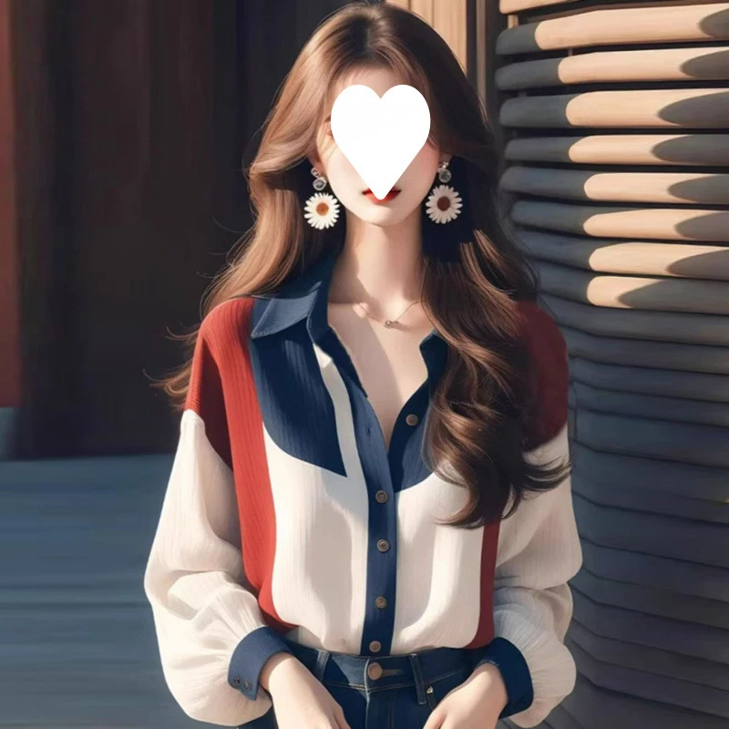 高级感独特超好看宽松上衣撞色灯笼袖衬衫2025早秋新款女装冷淡系