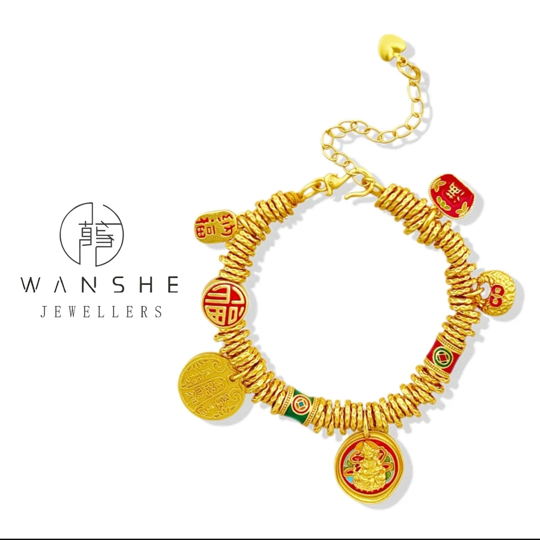 铜合金手链 QMECV/万奢鎏金 新中式吉言盘缠财神轻奢手链