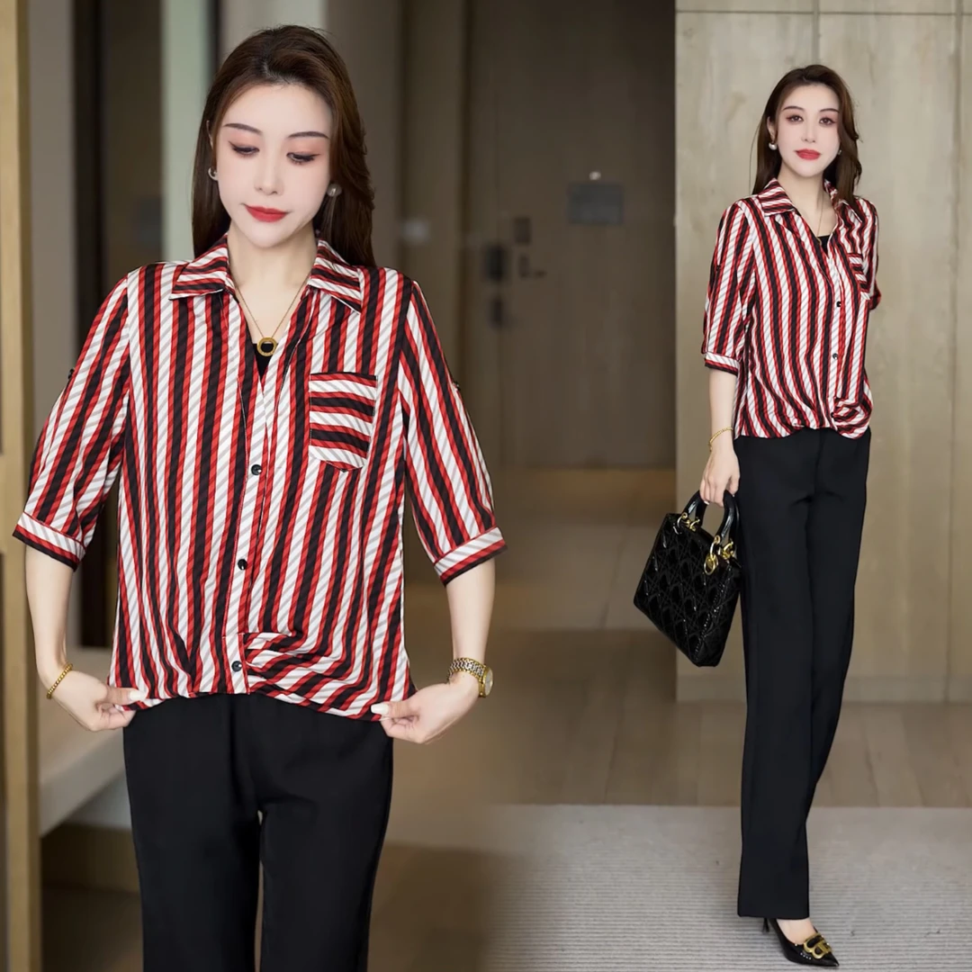 条纹衬衫女2025夏季新款洋气百搭短袖上衣气质显瘦宽松五分袖衬衣