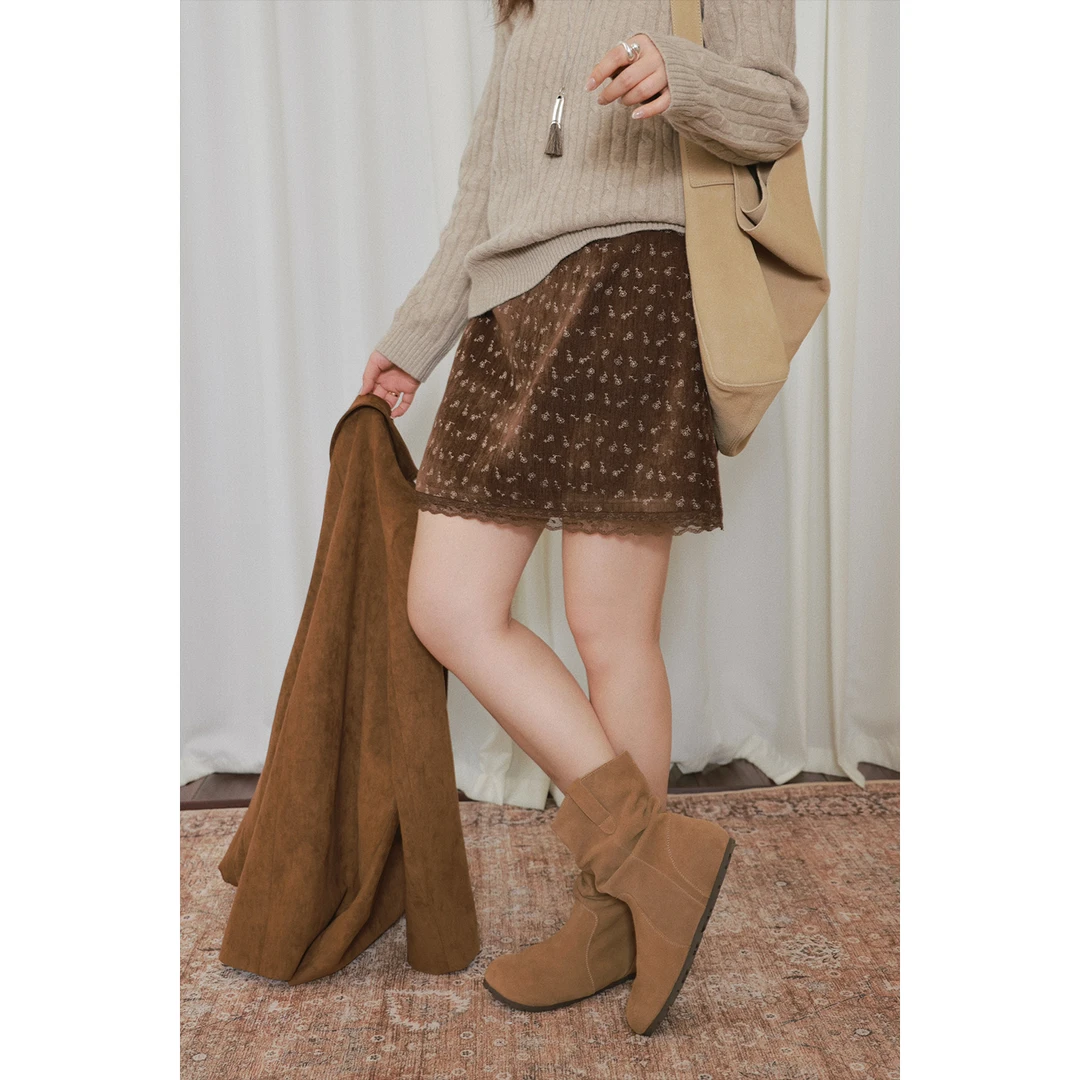 大婉酱微胖定制【摩卡绒花园】琥珀流光风复古碎花高腰A字裙子0077D