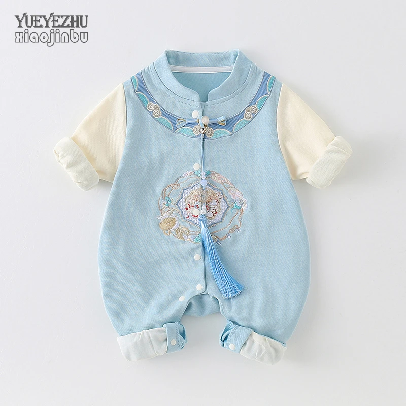 中国风婴儿衣服秋季长袖薄款男女宝宝连体衣春秋装满月百天外出服