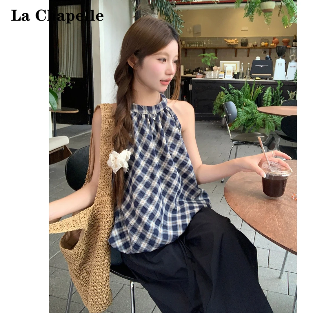 拉夏贝尔复古格纹花苞挂脖背心女2025夏季新款高级感气质无袖上衣