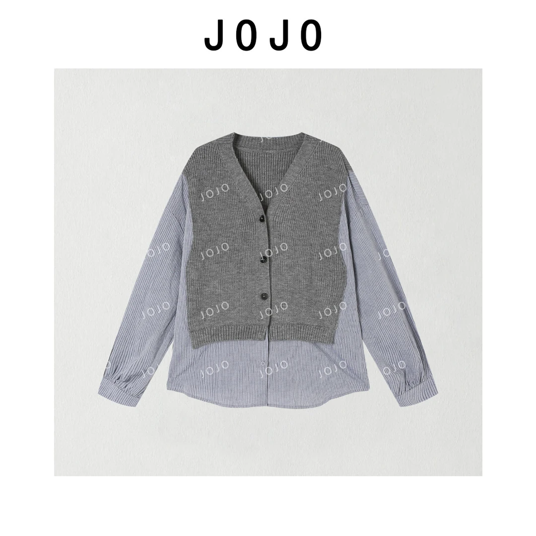 玖了个玖 2025秋季新品极简百搭针织衬衫拼接假两件上衣2509C5489