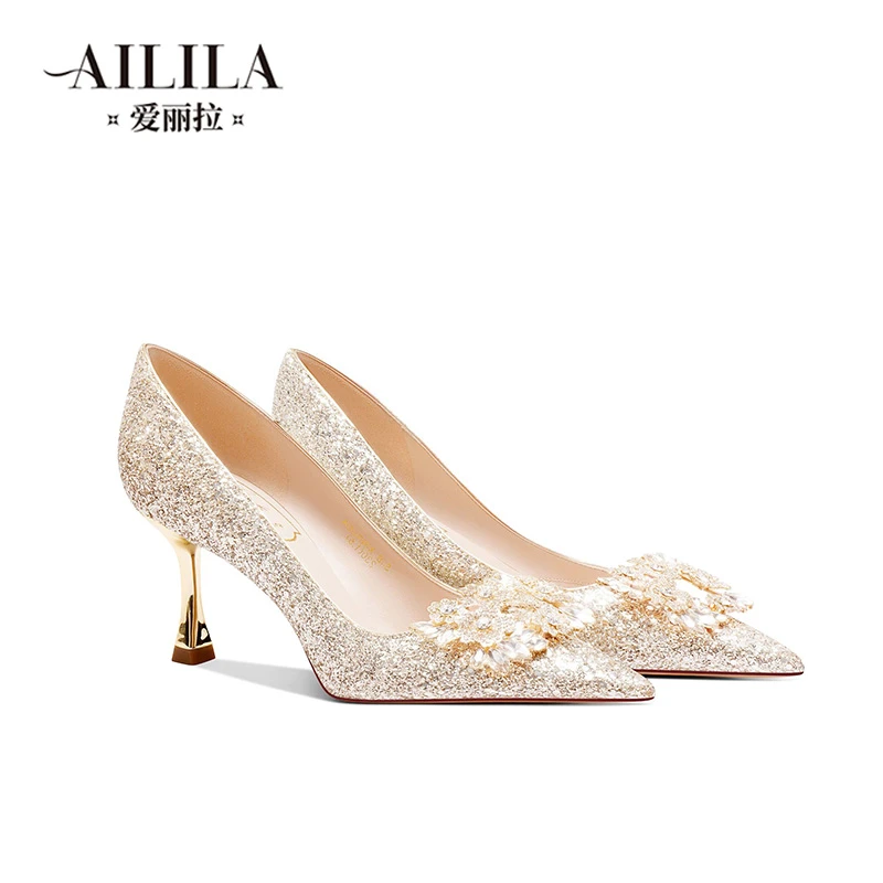 爱丽拉高跟鞋爆款女鞋细跟婚鞋法式百搭成人礼水晶鞋香槟色新娘鞋