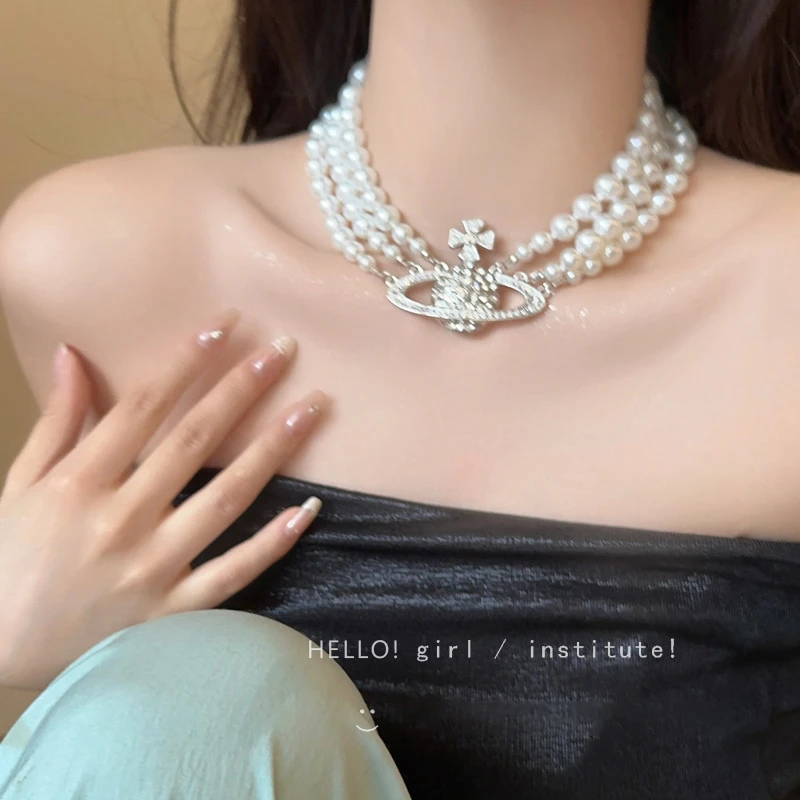 合金项链 西太后珍珠土星项链女锁骨链多层叠戴重工闪钻颈链