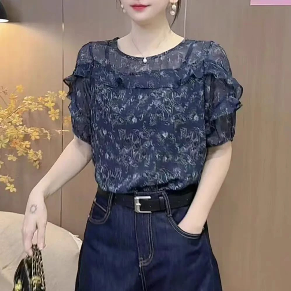 新款夏季上衣时尚2025年新款洋气减龄显瘦雪纺衫圆领荷叶边潮衬衫